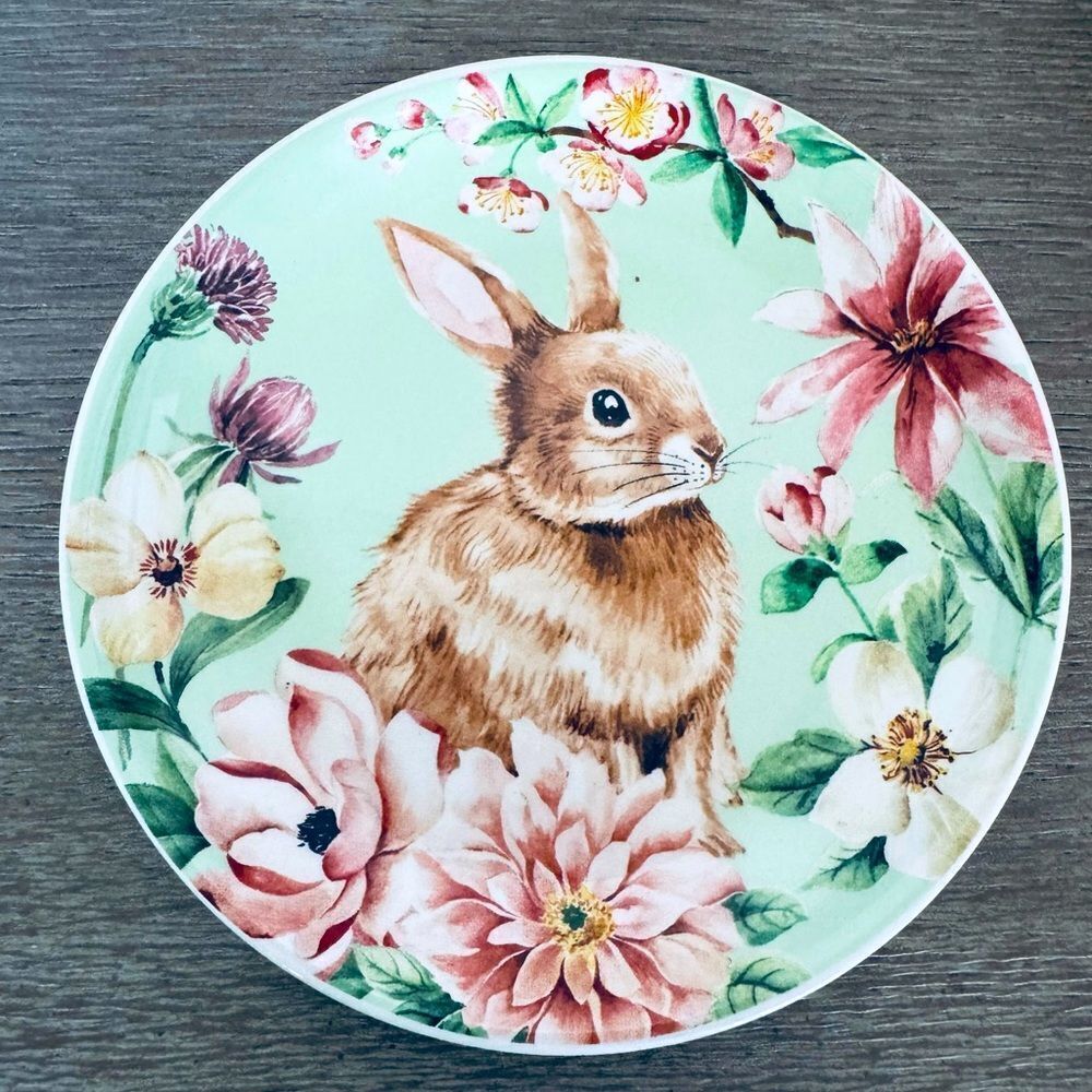 Easter Bunny Rabbit Mint Green Floral Trinket Tray Ceramic Plate